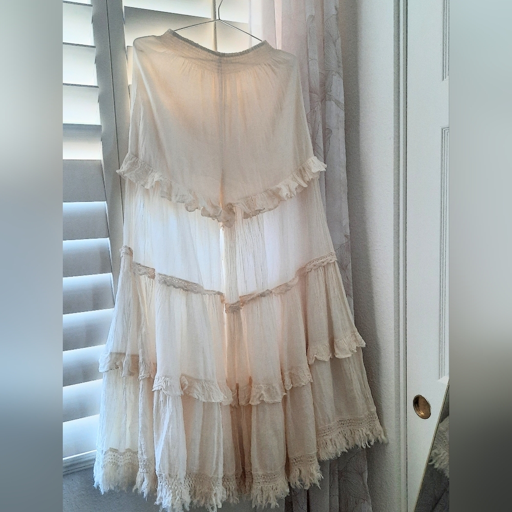 Cream Cotton Ruffle Wide-legged Pants